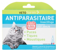Vetoform Antiparasitaire Insectifuge Chat 6 Mois 6 Pipettes de 1 ml 