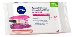 Nivea Lingettes D&eacute;maquillantes Visage & Yeux Peaux S&egrave;ches & Sensibles Sachet de 20 Pi&egrave;ces