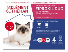Cl&eacute;ment Th&eacute;kan Fiprokil Duo Chat 1 &agrave; 12 kg Antiparasitaire Puces et Tiques 4 Pipettes 0,5 ml
