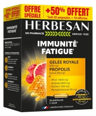 Herbesan Miel Gel&eacute;e Royale Acerola Pollen Pamplemousse Propolis 30 Ampoules de 10 ml