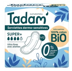 Tadam' Serviettes Dermo-Sensitives Ultra Fines avec Ailettes Super+ 12 Unit&eacute;s