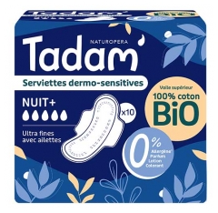 Tadam' Serviettes Dermo-Sensitives Ultra Fines avec Ailettes Nuit+ 10 Unit&eacute;s