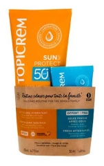 Topicrem Sun Protect Lait Solaire Hydratant Peaux Sensibles SPF50+ 200 ml + Gel&eacute;e Fra&icirc;che Apr&egrave;s-Soleil Peaux Sensibles 50 ml Offert 