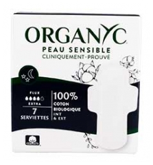 Organyc 7 Serviettes Hygi&eacute;niques Nuit Flux Extra Peaux Sensibles Bio
