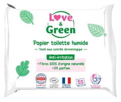 Love & Green Lingettes Toilettes en Fibres 100% Naturelles et Biod&eacute;gradables X 55