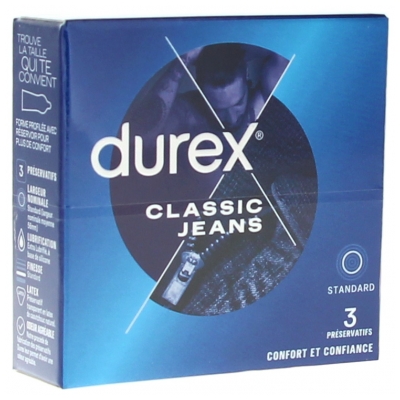 Durex Classic Jeans Confort et Confiance 3 Préservatifs Lubrifiés