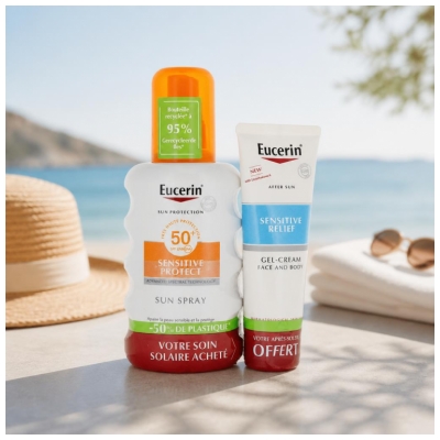 Eucerin Sun Protection Sensitive Protect Spray SPF50+ 200 ml + Relief Gel-Crème Après-Soleil 50 ml Offert
