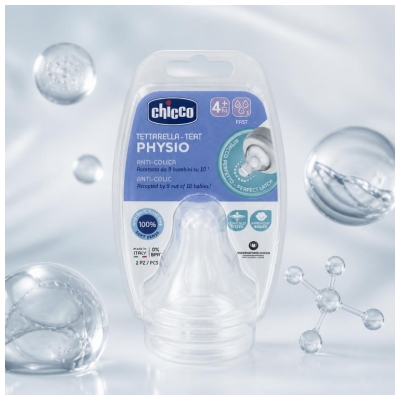 Chicco Tétine Physiologique Anti-Coliques Silicone - Flux Rapide - 4M+ - X2