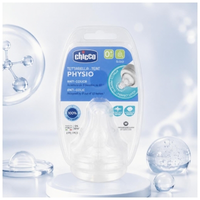 Chicco Tétine Physiologique Anti-Coliques Silicone - Flux Lent - 0M+ - X2