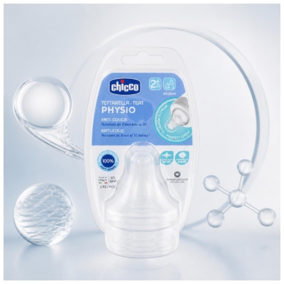 Chicco Tétine Physiologique Anti-Coliques Silicone - Flux Moyen - 2M+ - X2