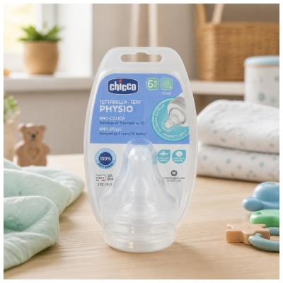 Chicco Tétine Physiologique Anti-Coliques Silicone - Flux Repas - 6M+ - X2