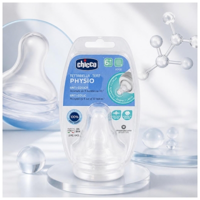 Chicco Tétine Physiologique Anti-Coliques Silicone - Flux Repas - 6M+ - X2