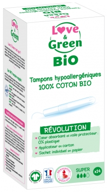 Love & Green Tampons 100% Coton Bio Hypoallergéniques et Écologiques Avec Applicateur 
