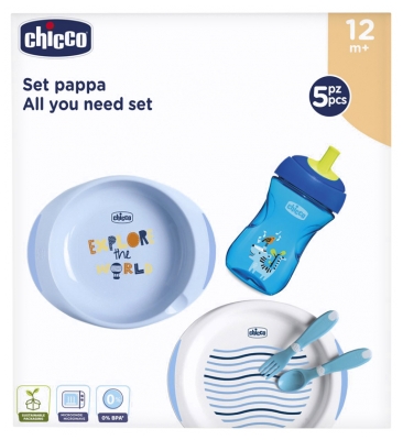 Chicco Coffret Repas (Ensemble Assiettes + Tasse Perfect + Premiers Couverts) - Bleu 12M+
