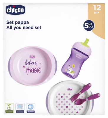 Chicco Coffret Repas (Ensemble Assiettes + Tasse Perfect + Premiers Couverts) - Bleu 12M+ - Couleur : Rose