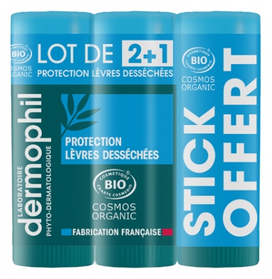 Dermophil Certifié Bio Lot de 2+1 Sticks Lèvres Protection Lèvres Desséchées 4 g (Anc. Protection Quotidienne)