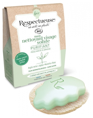 Respectueuse Mon Nettoyant Visage Solide Bio Apaisant 35 g + Porte Savon Végétal Offert