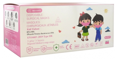 Masque Chirurgical Jetable Enfant à Haut Efficacité de Filtration (EFB 98%) - Lot de 50 Masques - Couleur Rose