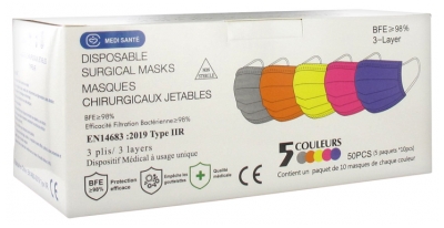 MASQUE CHIRURGICAL JETABLE TYPE IIR EFB 98% 5 COULEURS 50 MASQUES - PROTECTION ET CONFORT OPTIMAL