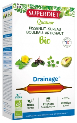 Superdiet Quatuor Pissenlit Drainage Bio
Pissenlit Sureau Bouleau Artichaut - 20 Ampoules de 15 ml