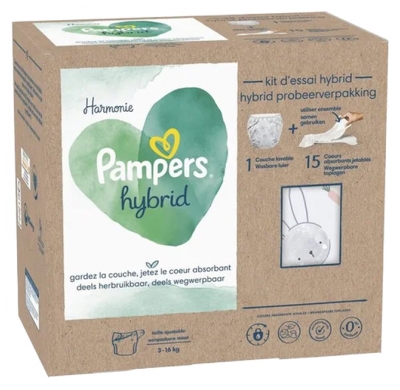 Pampers Harmonie Hybrid - Starter Kit 1 Couche Lavable + 15 Coeurs Absorbants Jetables (3-16 Kg)