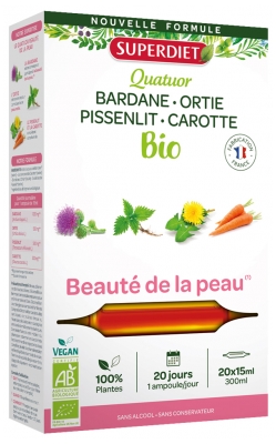Superdiet Quatuor Bardane Beauté de la Peau Bio 
Bardane Pissenlit Carotte Pensée Sauvage - 20 Ampoules de 15 ml