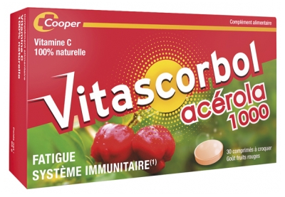 Vitascorbol Complément Alimentaire à Base de Vitamine c - Acérola - 100% Naturelle - Fatigue et Système Immunitaire - Programme 30 Jours - 30 Comprimés à Croquer