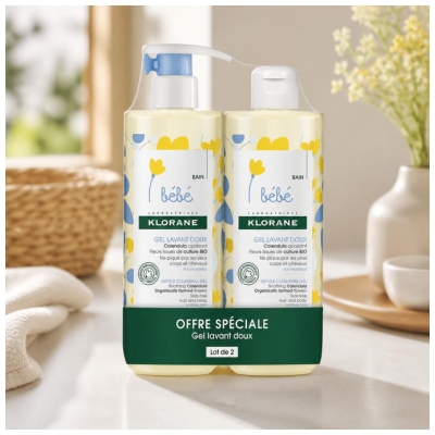 Klorane Bébé Gel Lavant Doux au Calendula Apaisant Corps Et Cheveux  Peau Normale - Offre Spéciale Duo 2 x 500 ml