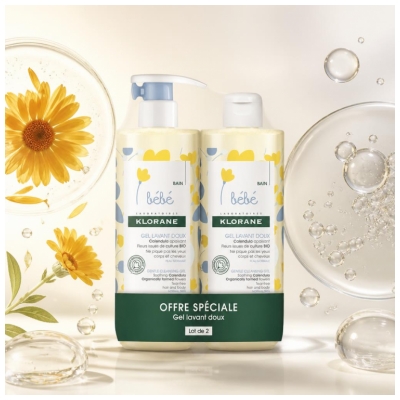 Klorane Bébé Gel Lavant Doux au Calendula Apaisant Corps Et Cheveux  Peau Normale - Offre Spéciale Duo 2 x 500 ml