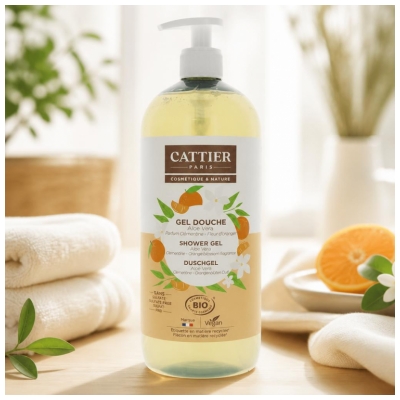Cattier Gel Douche Sans Sulfate Aloe Vera Parfum Clémentine Fleur d'Oranger Bio 1 L