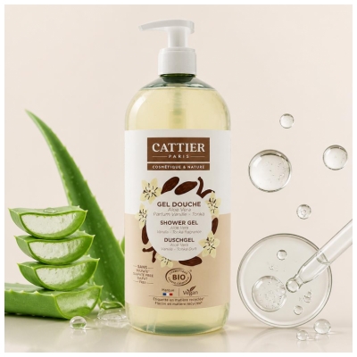 Cattier Gel Douche Sans Sulfate Aloe Vera Parfum Vanille Tonka Bio 1 L