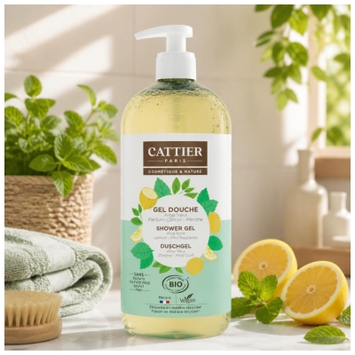 Cattier Gel Douche Sans Sulfate Aloe Vera Parfum Citron Menthe Bio 1 L