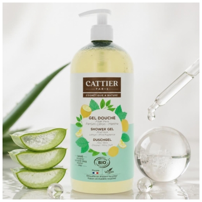 Cattier Gel Douche Sans Sulfate Aloe Vera Parfum Citron Menthe Bio 1 L
