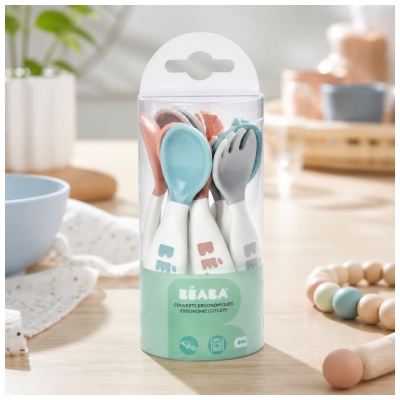 Béaba Lot de 6 Cuillères Ergo + 4 Fourchettes (Old Pink+Airy Green+Light Mist)