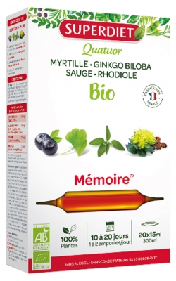 Superdiet Quatuor Myrtille, Rhodiole, Ginkgo Biloba, Sauge Bio 20 Ampoules