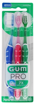 GUM Pro Brosse à Dents Medium 3 Brosses - Couleur : Bleu - Rose - Vert