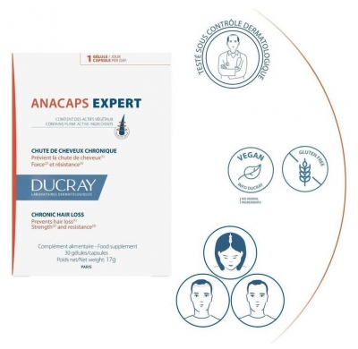 Ducray Anacaps Expert - Chute de Cheveux Chronique Hormonale et Héréditaire Cure 1 Mois 30 Capsules