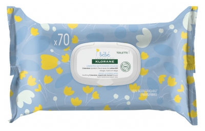 Klorane Calendula Bébé - Lingettes Nettoyantes Douces au Apaisant - Peau Normale à Sèche - 70 Unités