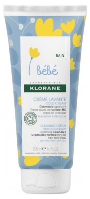 Klorane Calendula Bébé - Crème Lavante Cold Cream au - Bébé - Corps et Cheveux - Peau Sèche et Trèsèche 200 ml