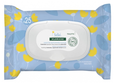 Klorane Calendula Bébé - Lingettes Nettoyantes Épaisses au Apaisant - Peau Normale à Sèche - 25 Unités