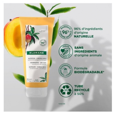 Klorane Nutrition Lait Après-Shampoing Relipidant à la Mangue Médicinale - Cheveux Secs