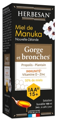 Herbesan Solution Buvable Gorge et Bronches Miel de Manuka IAA15+ - Flacon de 100 ml
