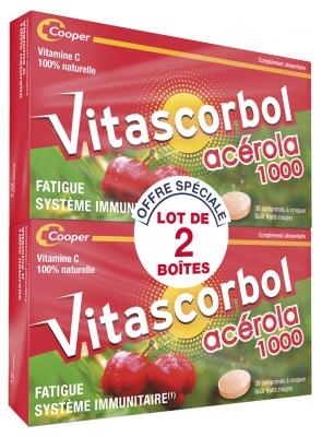 Vitascorbol Complément Alimentaire à Base de Vitamine c - Acérola - 100% Naturelle - Fatigue et Système Immunitaire - Programme 30 Jours - 30 Comprimés à Croquer - Lot de 2
