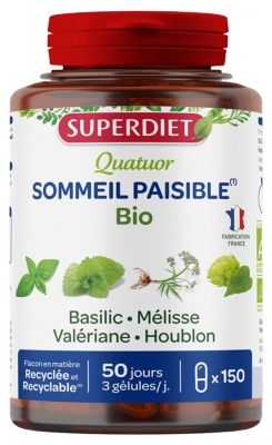 Superdiet Quatuor Sommeil Paisible Bio - Basilic Mélisse Valériane Houblon - 150 Gélules