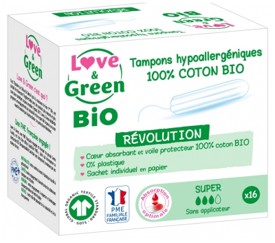 Love & Green Tampons 100% Coton Bio Hypoallergéniques et Écologiques Digitaux 