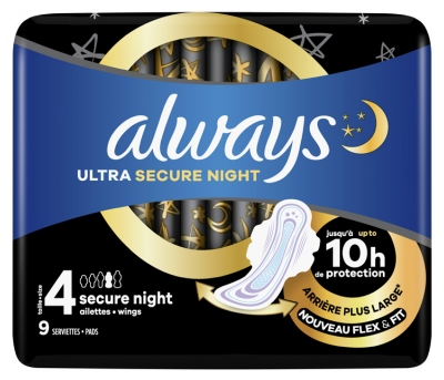 Always Serviettes Ultra Secure Night Avec Ailettes Taille 4 9 serviettes