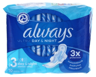 Always Ultra Day & Night Serviettes Jour et Nuit avec Ailettes Taille 3 10 Serviettes