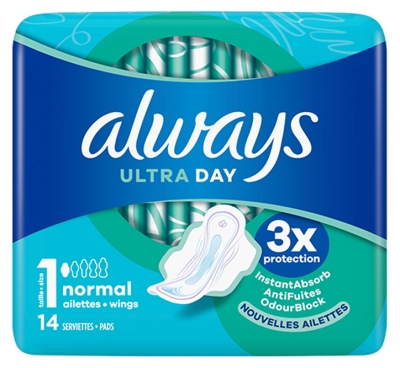Always Ultra Day Serviettes Normales avec Ailettes Taille 1 14 Serviettes