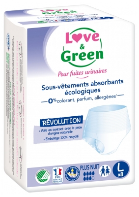 Love & Green Sous-Vêtements Absorbants Nuit Fuites Urinaires Fortes Adulte 8 Culottes - Taille : L