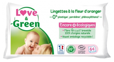 Love & Green Lingettes Parfumées en Fibres 100% Naturelles et Biodégradables X 64